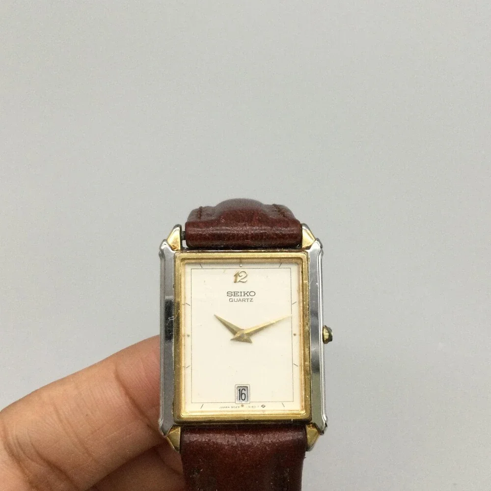 Vintage Seiko Mens Watch 26mm Two Tone Brown Leather Date 9029-5100 New Battery